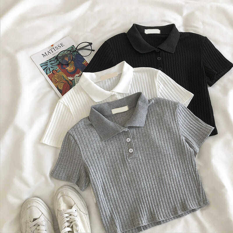 Polo shirt for women korean fever style short sleeve skinny knit crop top tshirt