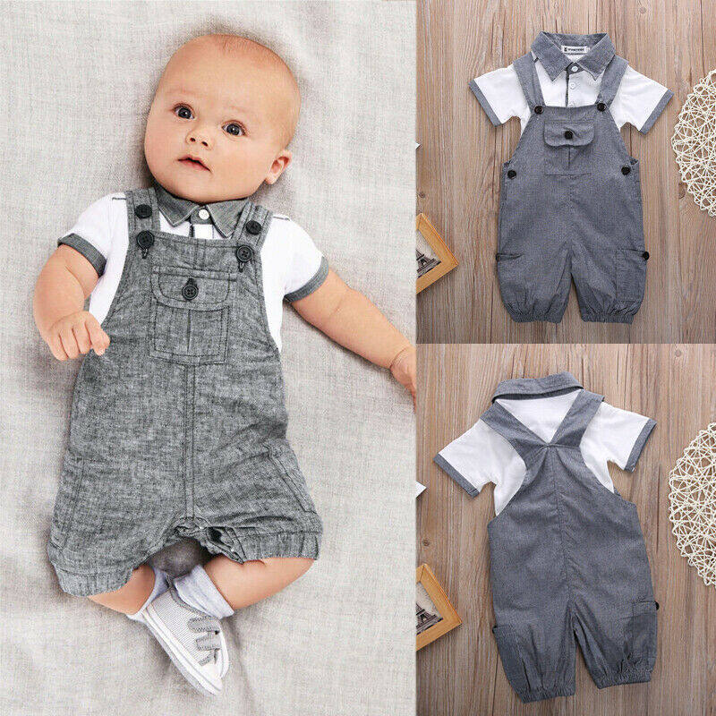 Newborn Infant Baby Boys Gentleman Clothes Short Sleeve T-shirt Shirt Tops Bib Pants Shorts Outfits Set