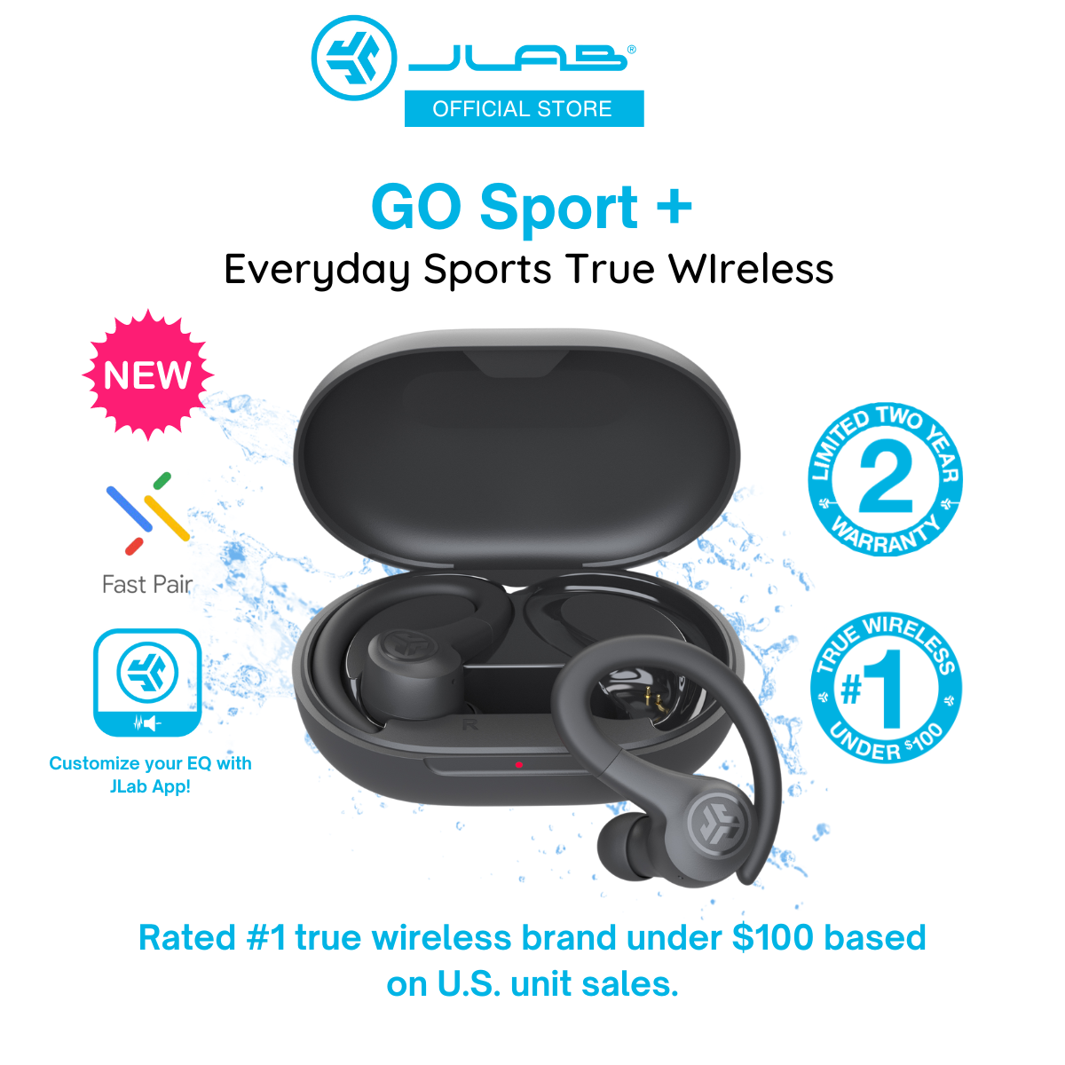 JLab GO Sport+ | Sports True Wireless Earbuds | IP55, 35+ hrs playtime,  Google Fast Pair, Custom EQ, App Control, Over-Ear Sports earbud comfort fit