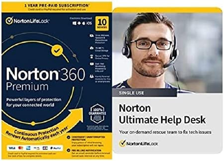 Norton 360 Premium (2022 Ready) Antivirus software for 10 Devices and Norton Ultimate Help Desk Single Use for 1 Device